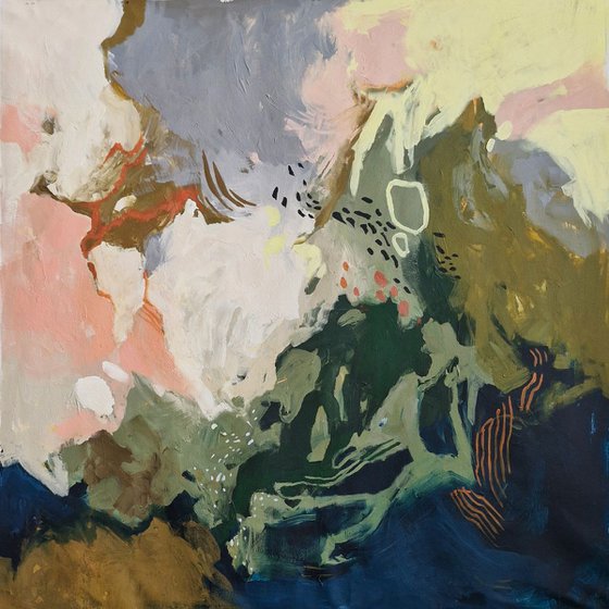"Lake sound" Abstract green pink blue oil art
