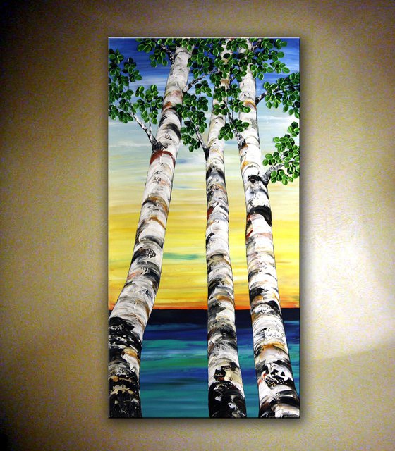 Looking Up - Tall Aspen Tree Painting, Large Impasto Trees Painting