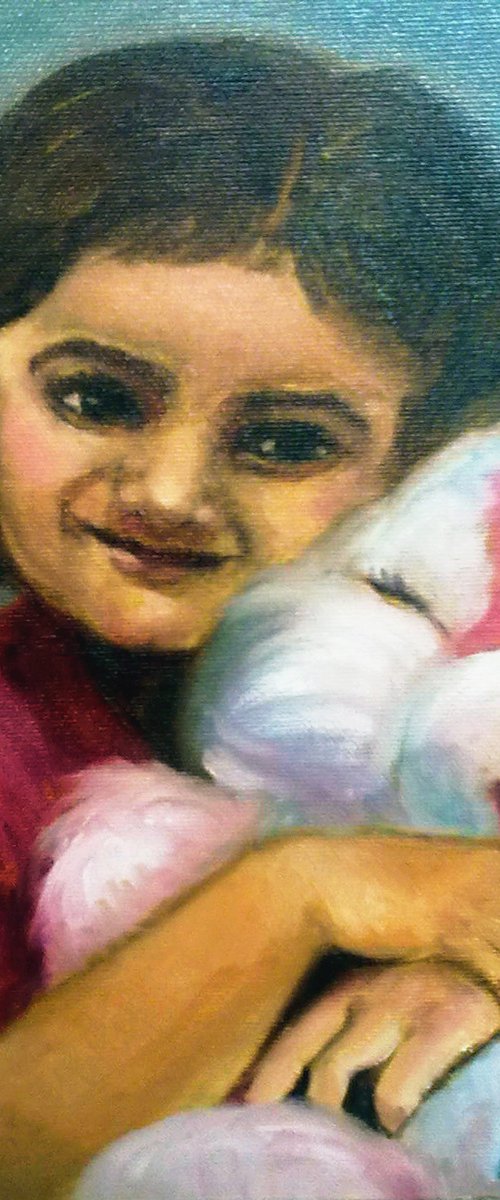 Little girl with a teddy by Asha Shenoy