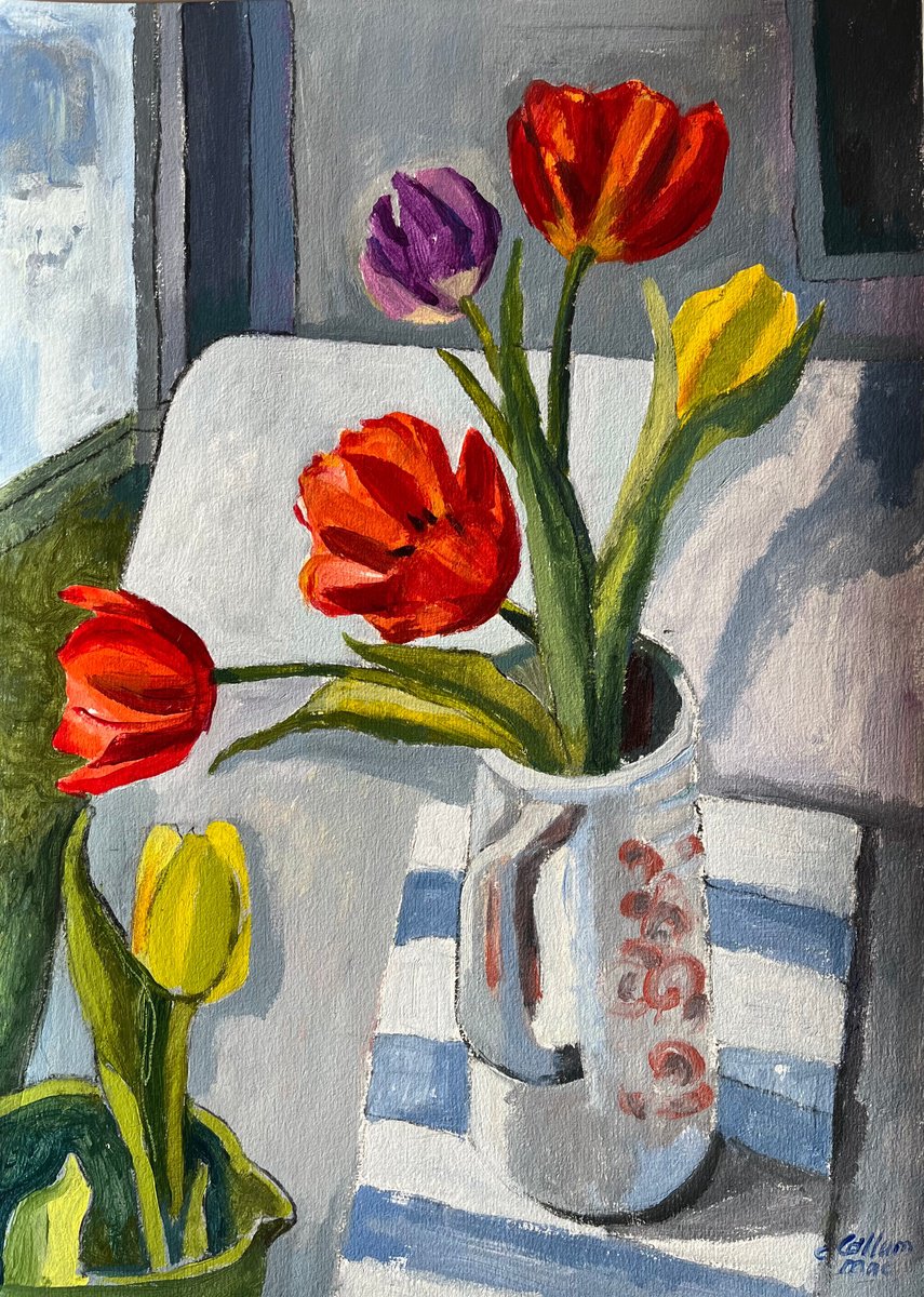 Tulips in a blue jug by Christine Callum McInally