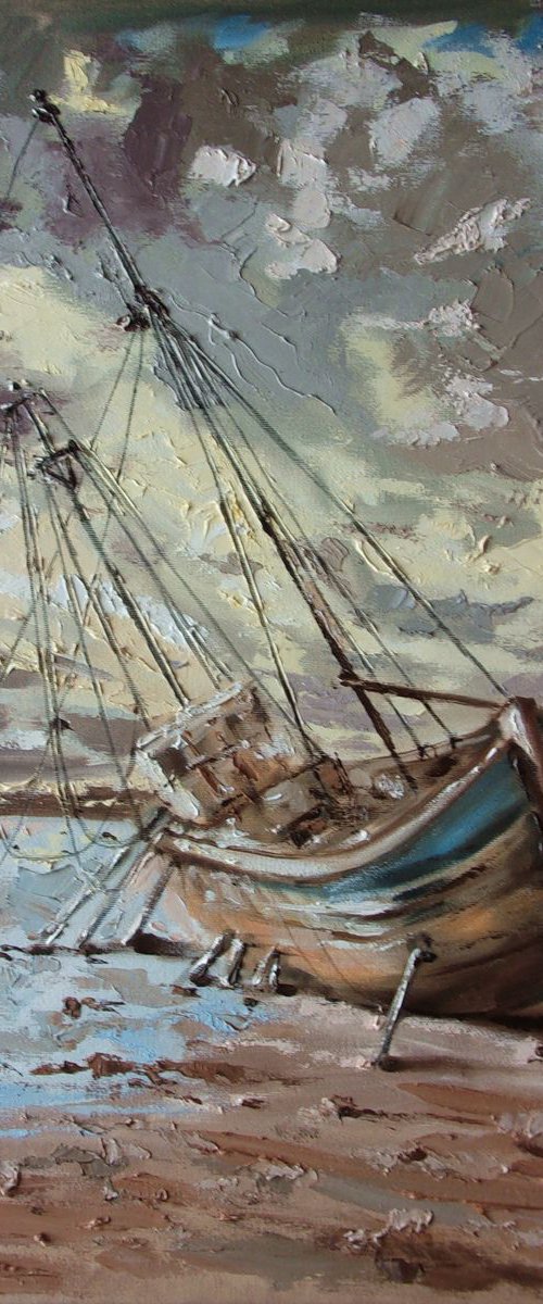 " LONELY... II " SHIP BOAT SAIL original painting palette knife GIFT MODERN URBAN ART OFFICE ART DECOR HOME DECOR GIFT IDEA by Monika Luniak