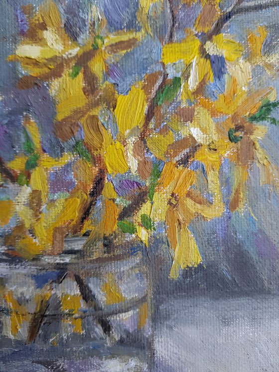 Forsythia by the window original oil painting