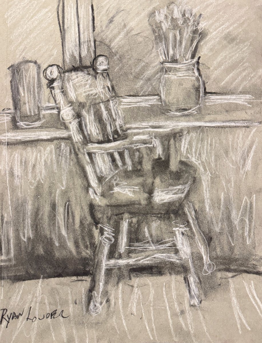 Impressionistic Still Life Charcoal Drawing By Ryan Louder, 9 X 12", Chair Inbetween, Original Artwork