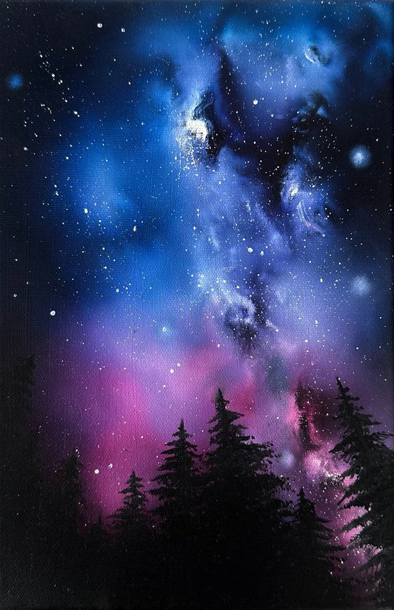 in forest // night forest starry sky nebula space oil painting