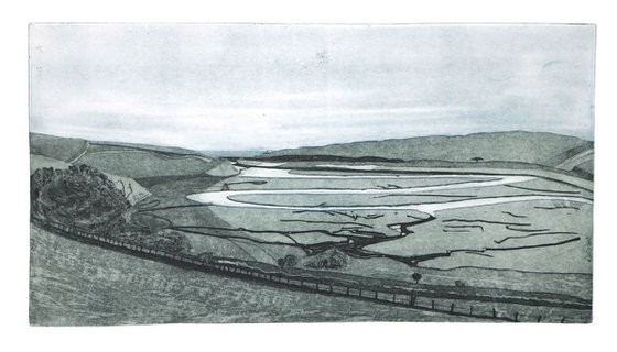 Heike Roesel "Cuckmere Valley", fine art etching, edition of 20 in variation