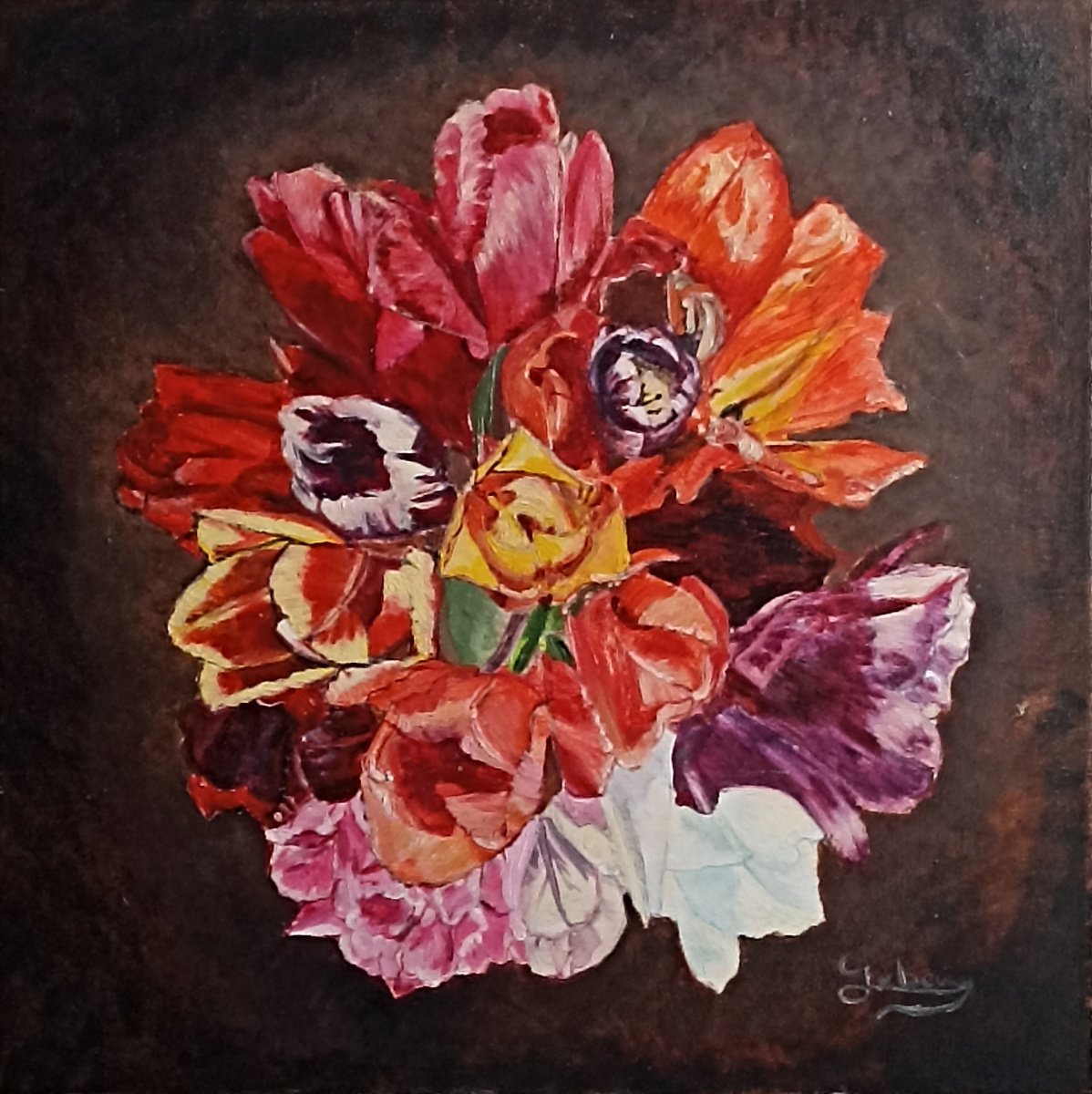 Impressionistic Botanical Oil Painting By Isabelle Lucas, 16 X 16, Tulips 3, Original Artwork