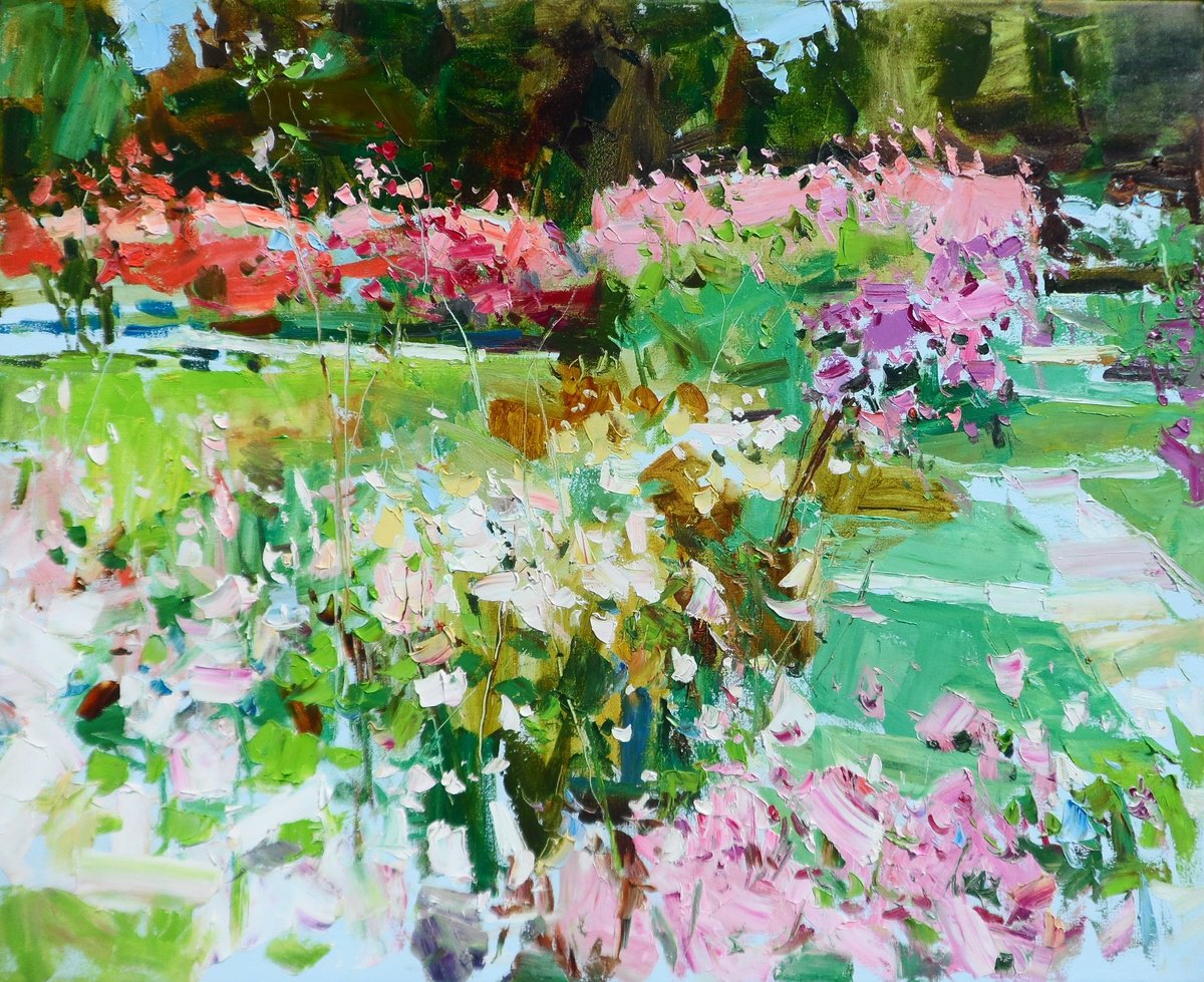 Impressionistic Landscape Oil Painting By Yehor Dulin, 31 X 26", "Rose Garden ", Original Artwork