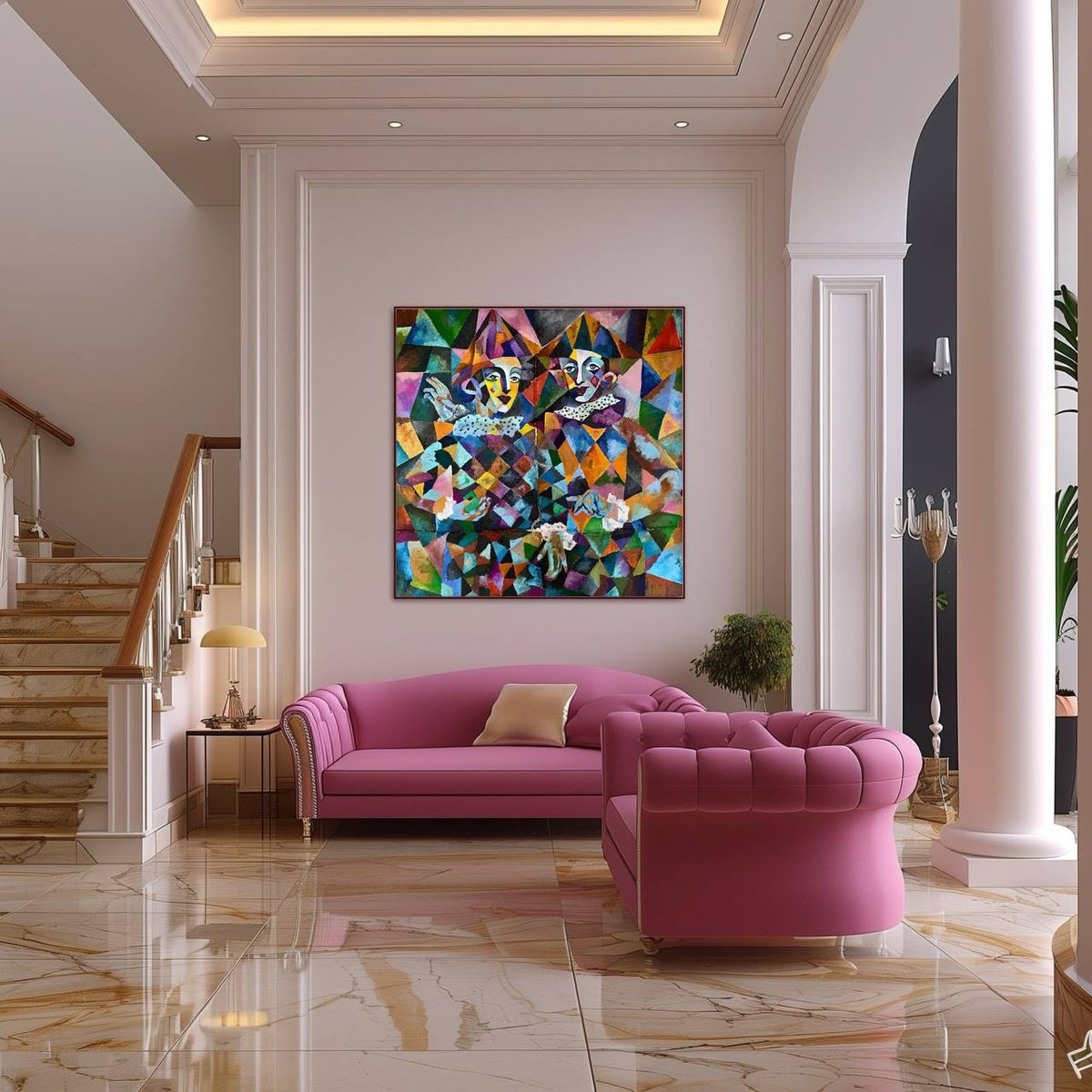 Geometric Portrait Oil Painting By Tatiana Fedorovskaya, 47 X 47", Arte Due, Original Artwork