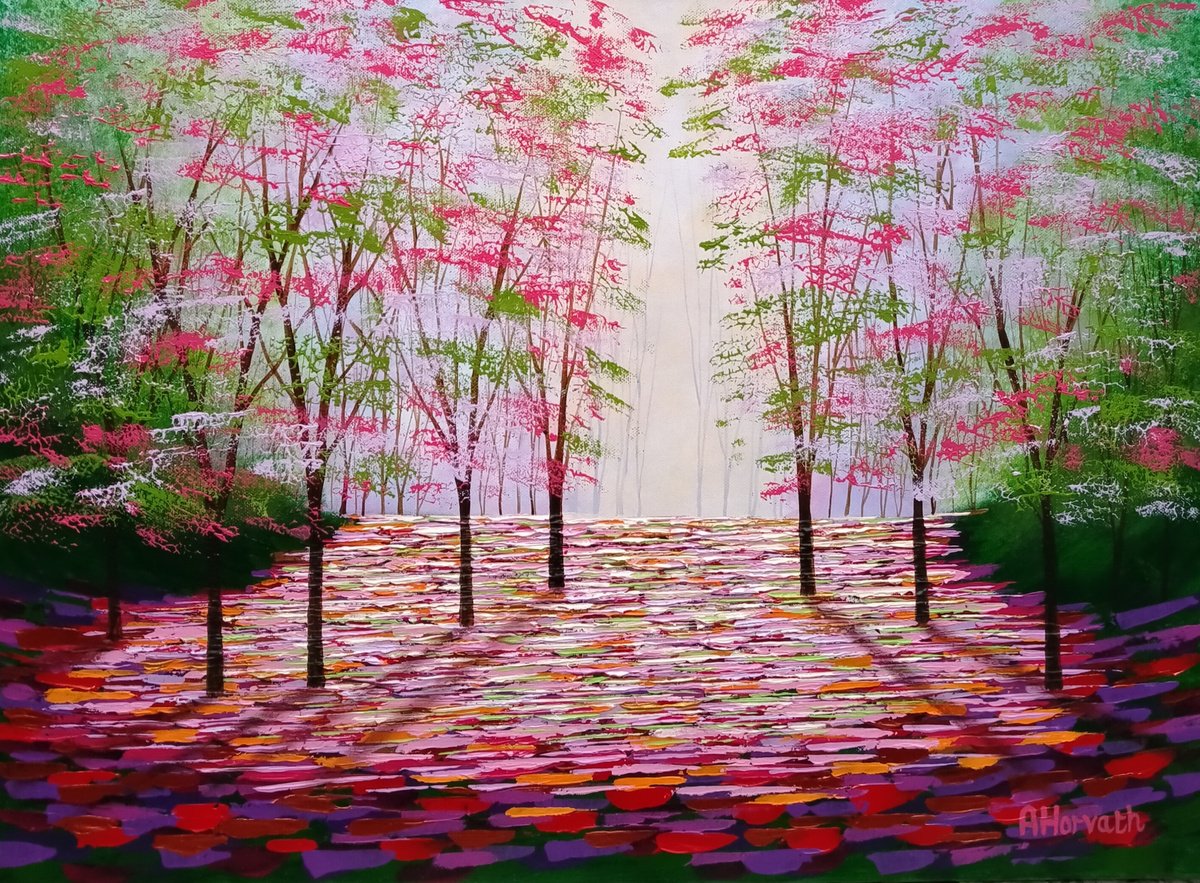 Impressionistic Landscape Acrylic Painting By Amanda Horvath, 28 X 20, Autumn Forest Calm, Original Artwork