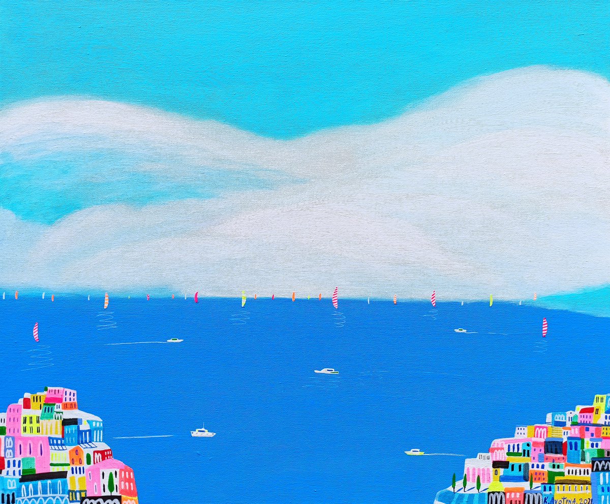 Impressionistic Landscape Acrylic Painting By Katrina Avotina, 24 X 20", Destination Amalfi, Original Artwork