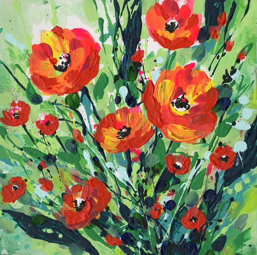 Poppy Pop 2 -  Abstract Meadow Flower Painting  by Kathy Morton Stanion by Kathy Morton Stanion