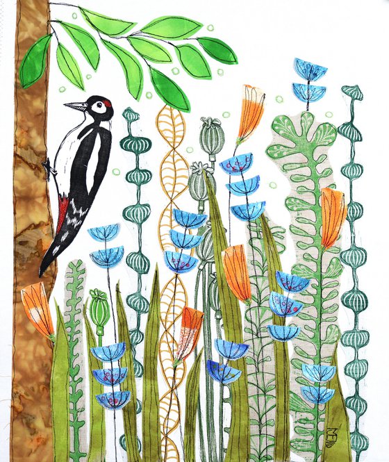 Woodpecker and Flowers