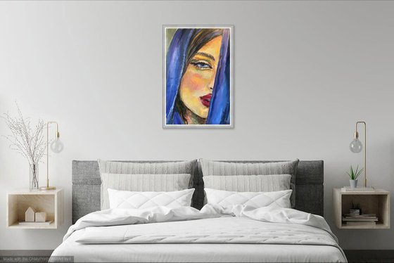 GIRL IN BLUE- female portrait, face, love, original oil painting, lips, Valentine 75x50