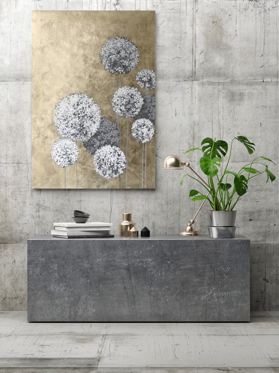 "Gold Flower Balls" Abstract gold gray art