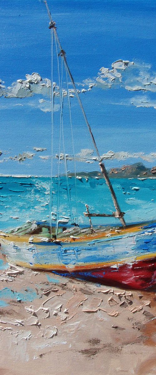 " SEASHORE ... " SHIP BOAT SAIL original painting palette knife GIFT MODERN URBAN ART OFFICE ART DECOR HOME DECOR GIFT IDEA by Monika Luniak