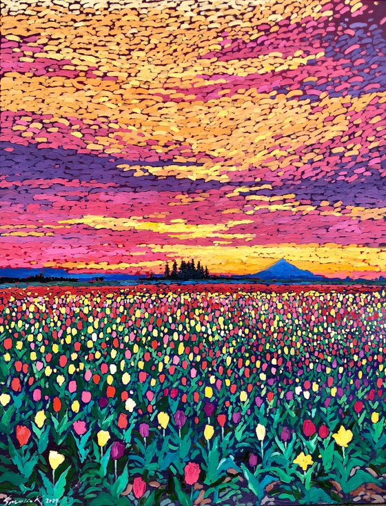 Field with tulips. Sunset 90-70cm