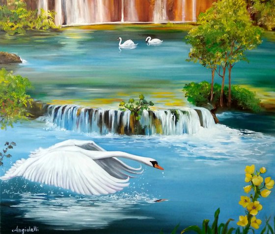 Landscape with swans
