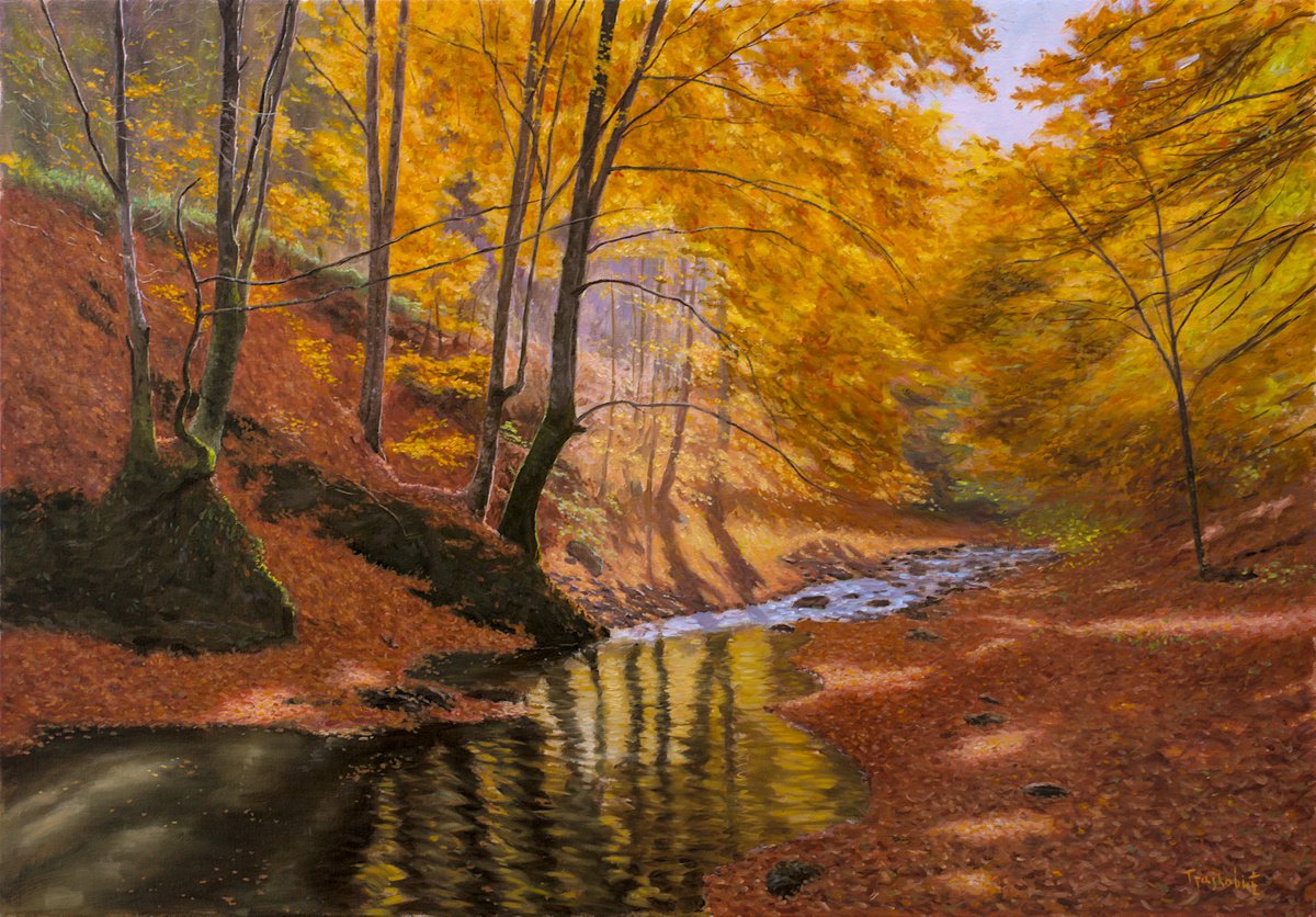 Photorealistic Landscape Oil Painting By Dejan Trajkovic, 46 X 34, Autumn On Wolf Creek, Original Artwork