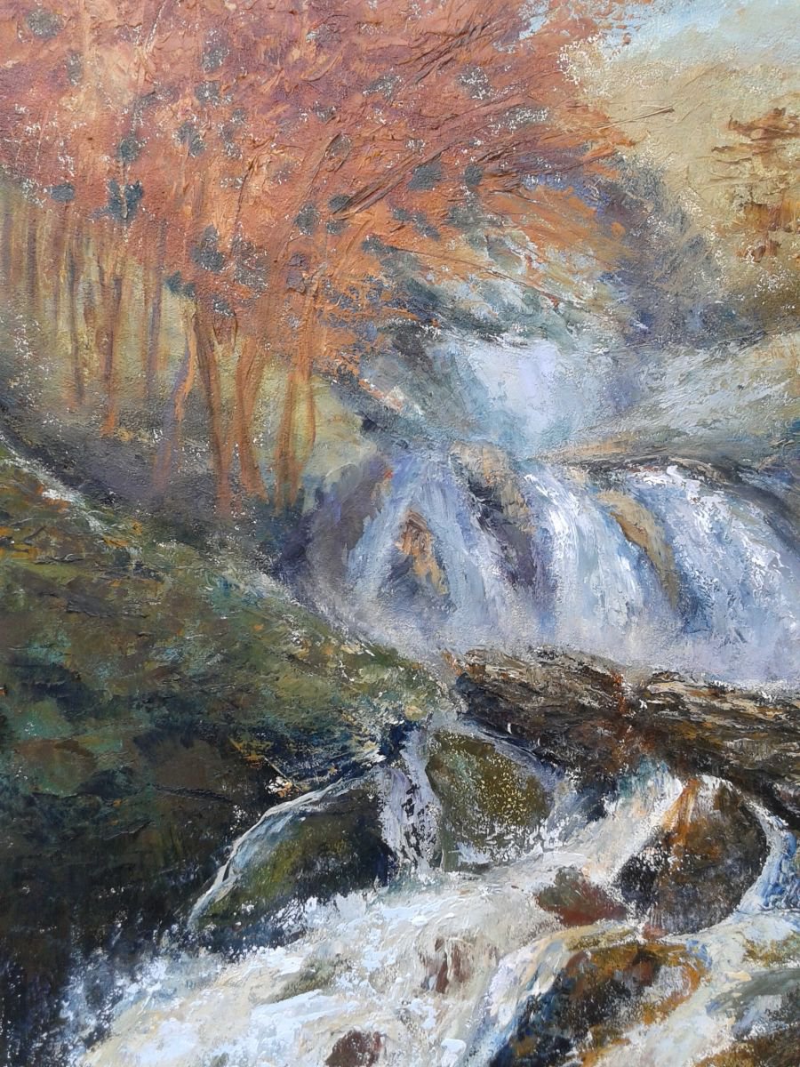 I COME TO LOVE YOU, 53x100cm, large impressionistic waterfall river mountain woods landsca... by Emilia Milcheva