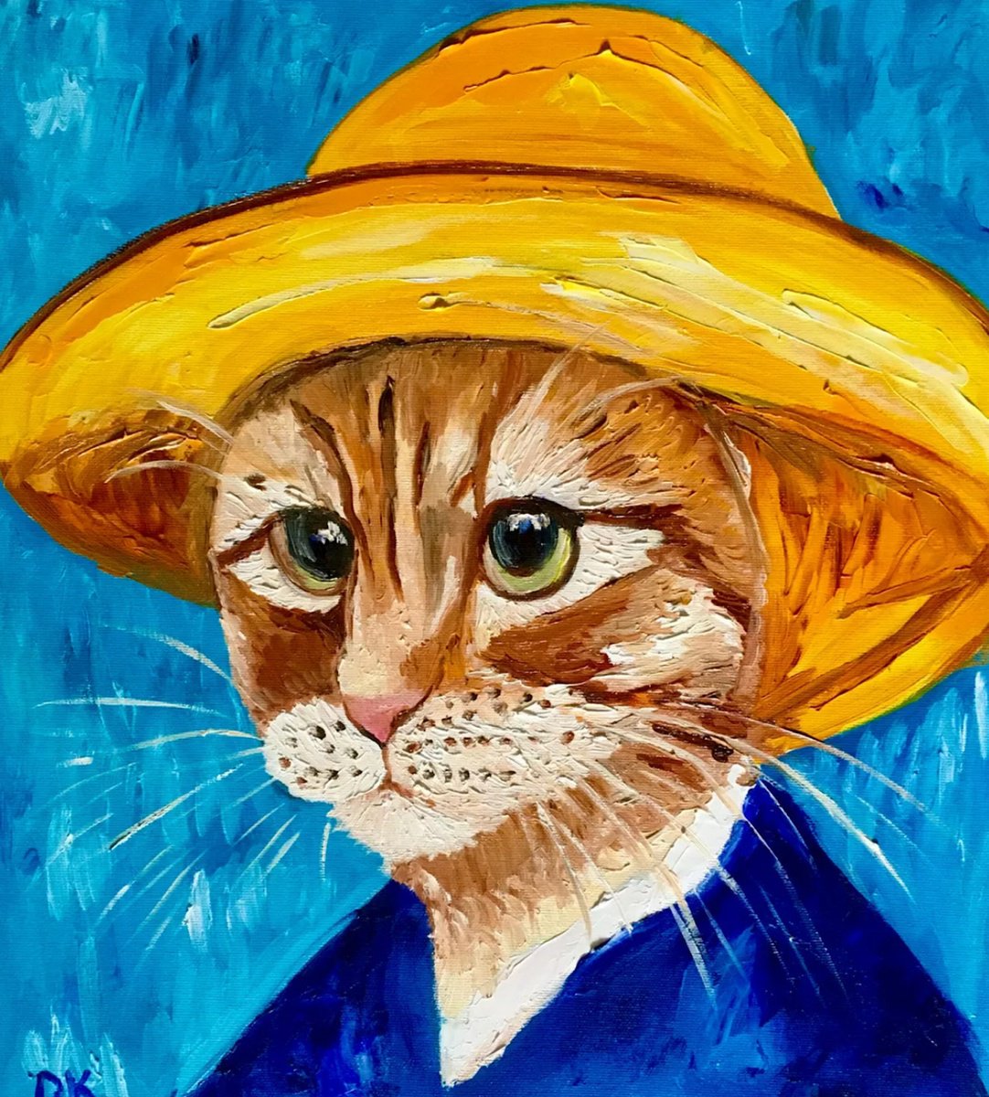 Impressionistic Animal Oil Painting By Olga Koval, 16 X 18", Cat La Vincent Van Gogh, Original Artwork