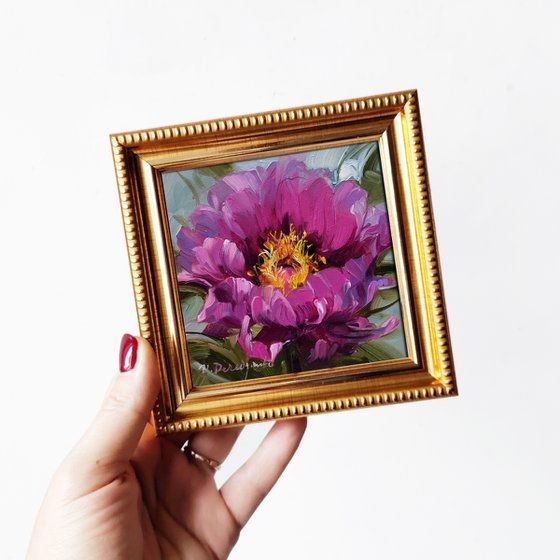 Peony oil painting original framed, Favor gift for best friend small painting purple flowers, Unique peony wall art