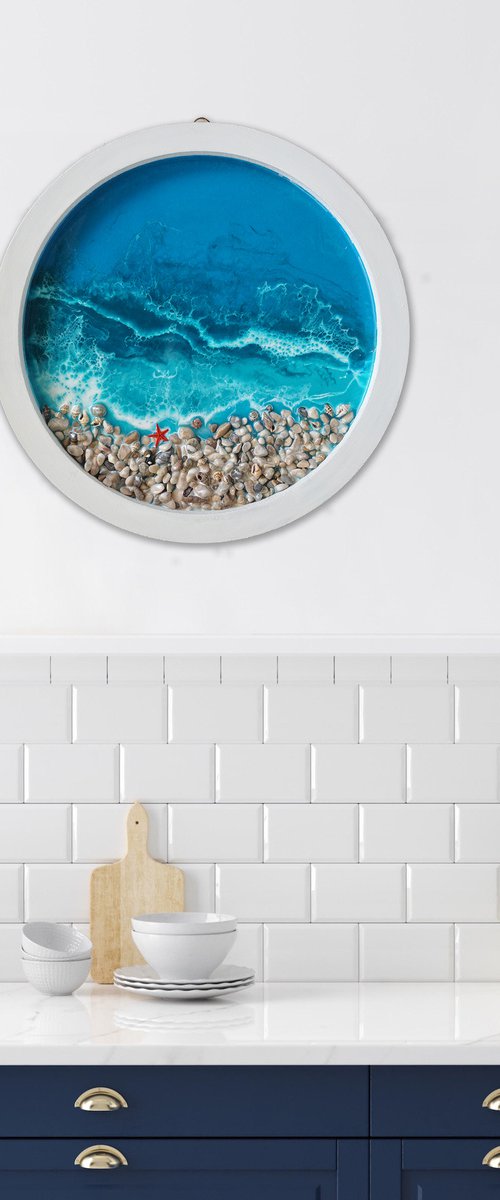 Porthole with sea view - original seascape 3d artwork, framed, ready to hang by Delnara El