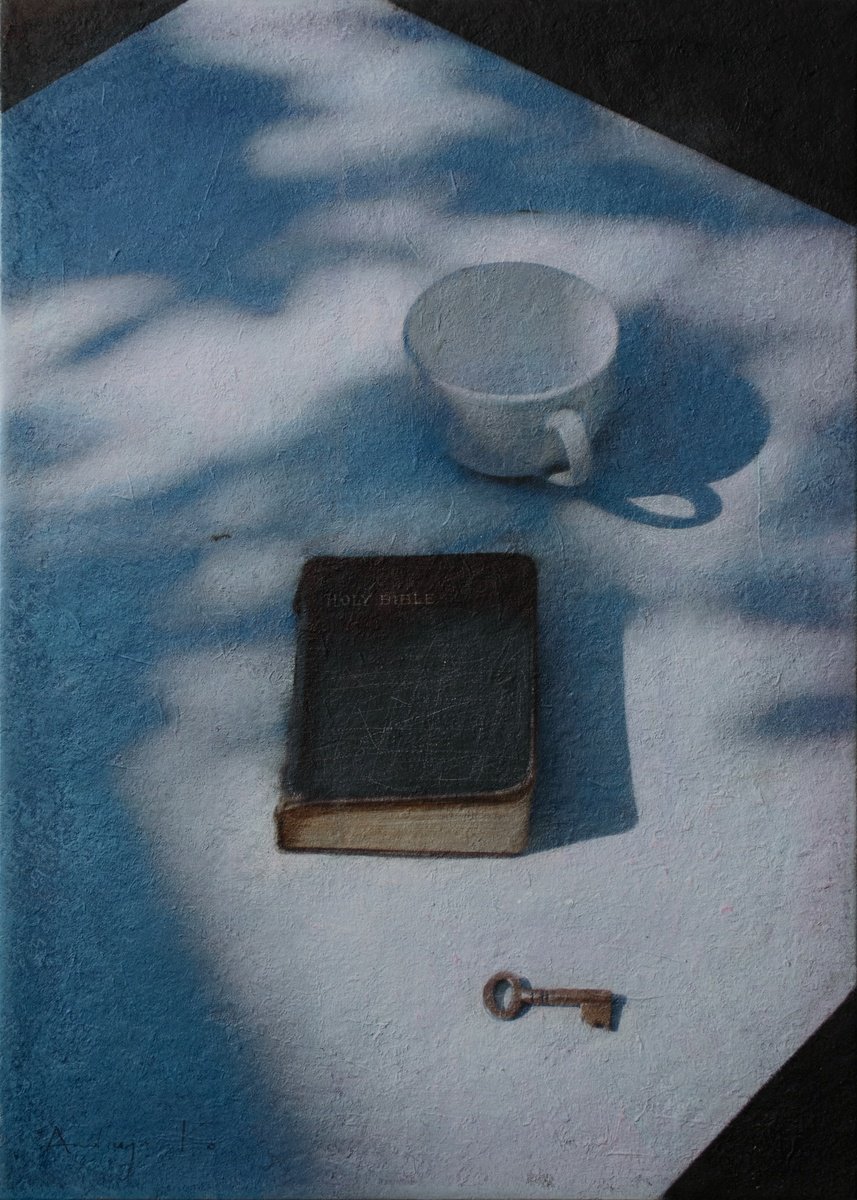 Photorealistic Still Life Acrylic Painting By Andrejs Ko, 20 X 28, The Book,The Key, And The Bowl, Original Artwork