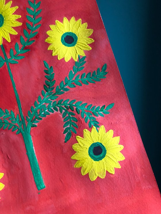 Decorative Sunflowers on Red