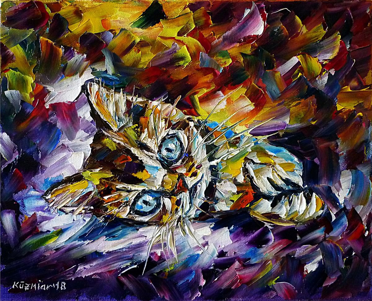 Expressive Animal Oil Painting By Mirek Kuzniar, 12 X 9", Baby Cat, Original Artwork