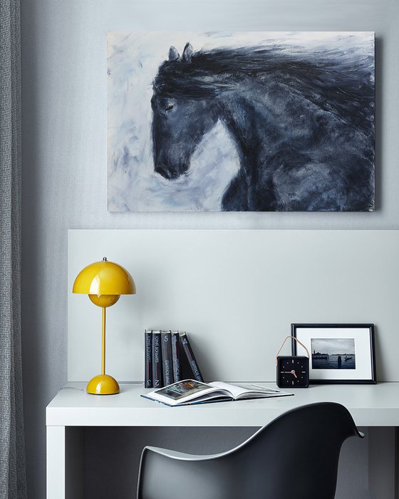 Oil painting black horse