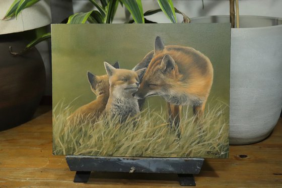 Fox Family, Foxes Oil Artwork, by UK Artist Alex Jabore, Impressionism, Fox Lover Gift