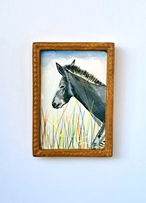 Donkey, part of framed animal miniature series "festum animalium" by Andromachi Giannopoulou
