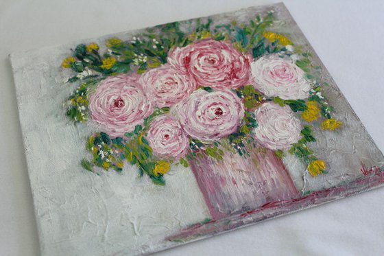 Pink Roses - Still Life Original Oil painting on canvas board - Wallart-Home Decor