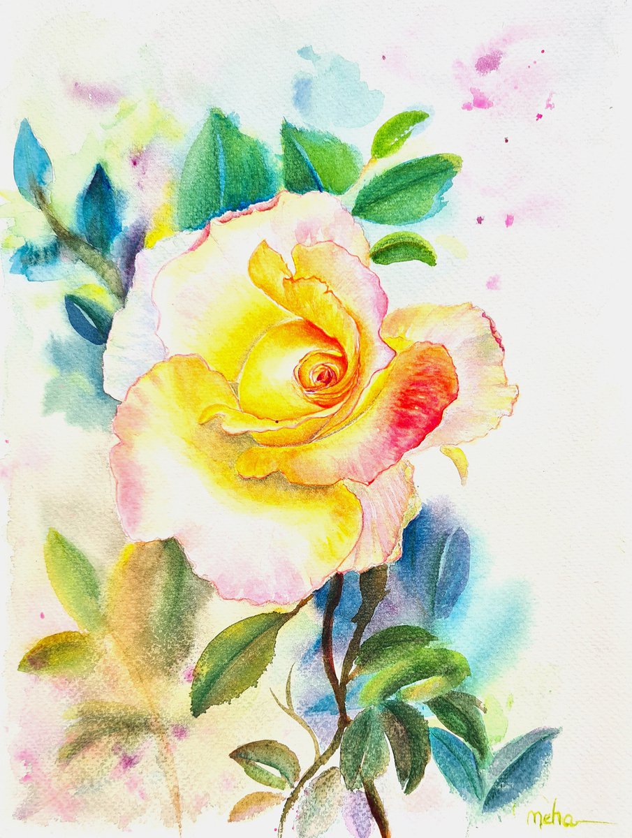 Yellow rose with leaves by Neha Soni