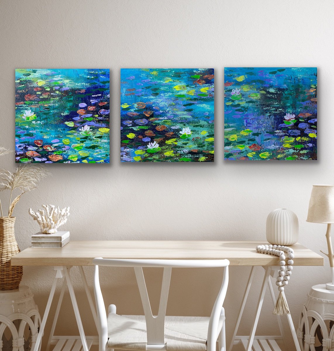Impressionistic Botanical Acrylic Painting By Pooja Verma, 35 X 12", Waterlily From The Monet Garden - Triptych, Artfinder