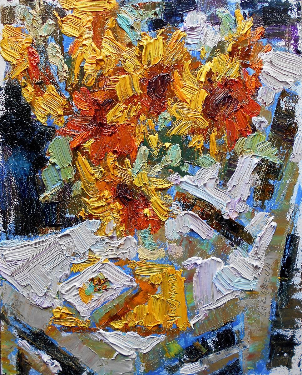 Sunflowers on a white chair by Valerie Lazareva