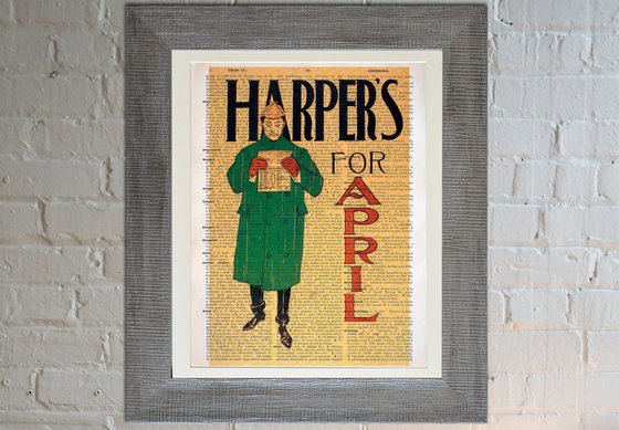 Harpers for April - Collage Art Print on Large Real English Dictionary Vintage Book Page