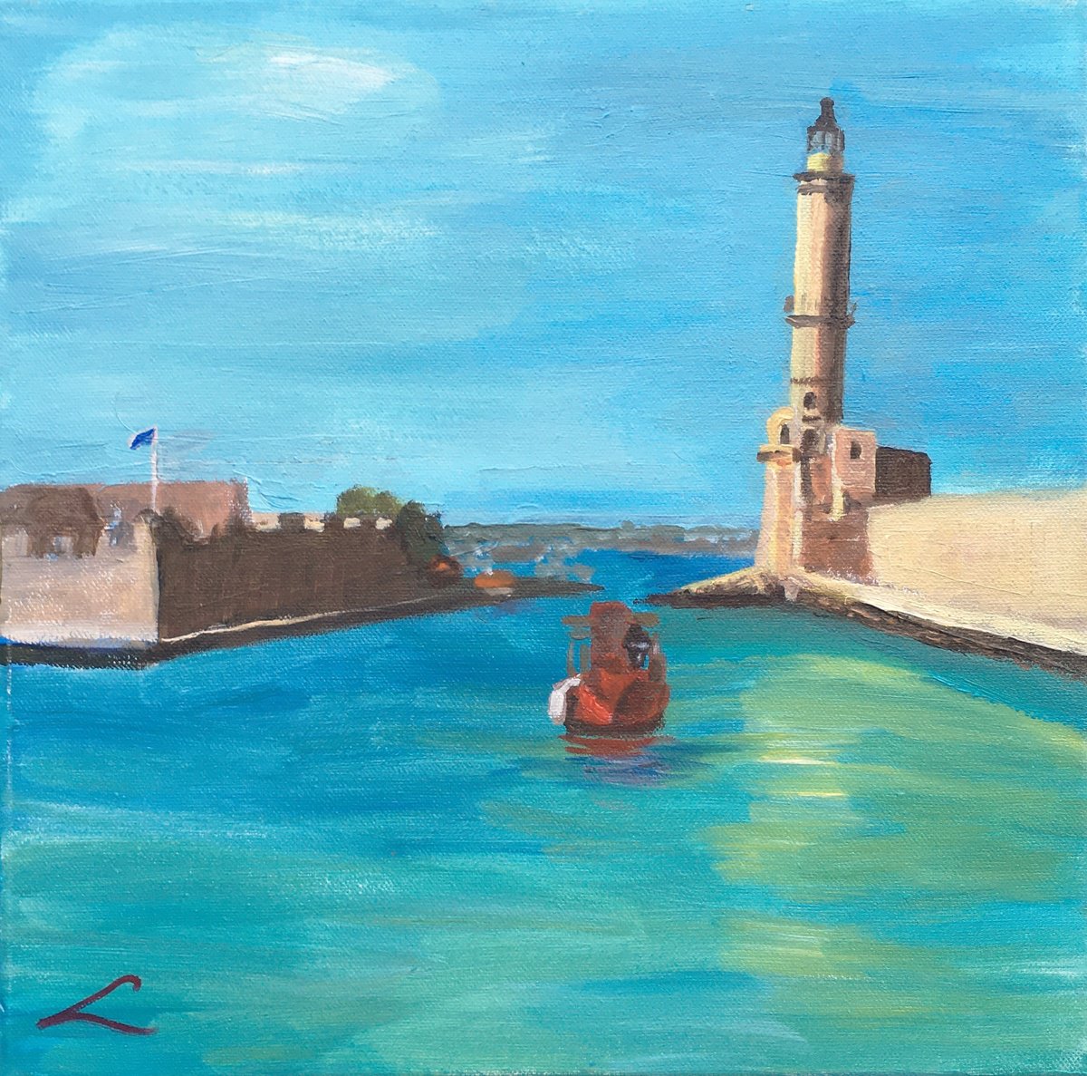 Impressionistic Landscape Oil Painting By Elena Sokolova, 12 X 12, Chania Lighthouse 2, Original Artwork