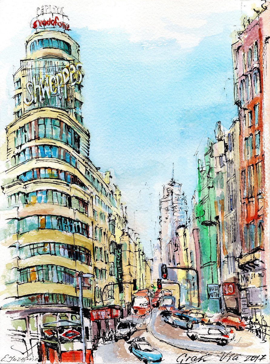 Impressionistic Watercolour , Gran Via, Madrid. By Elena Yuzefovich, 9 X 12, Artwork For Sale On Artfinder
