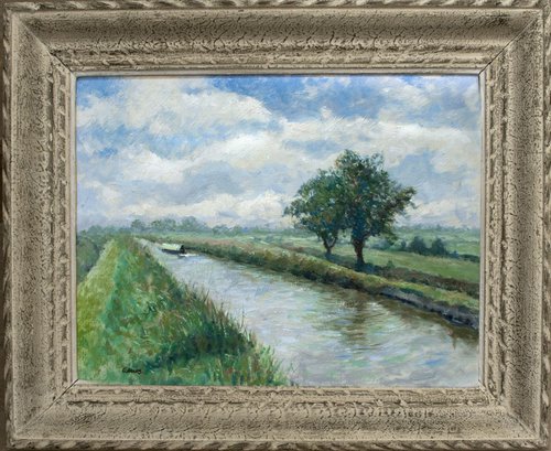 A morning walk by the canal. Impressionist oil painting, with antique frame. by Gav Banns