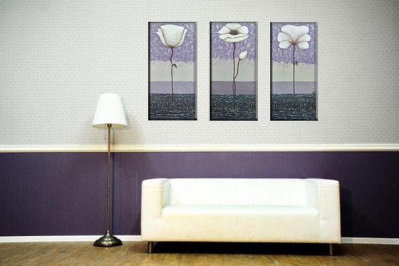 White poppies(20x40 20x40 20x40cm, acrylic painting, ready to hang)