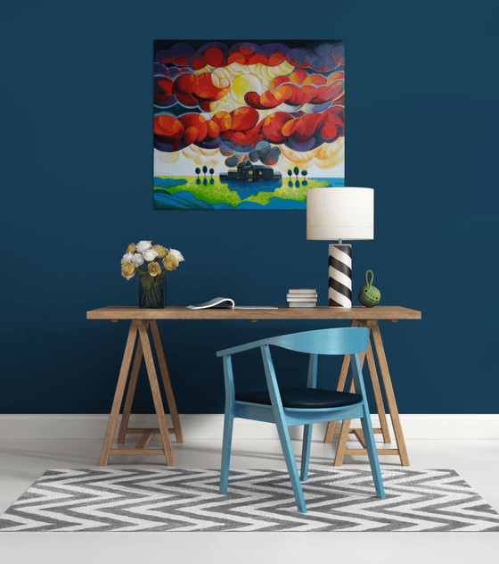Sunset (80x90cm, cubism, oil painting, ready to hang)