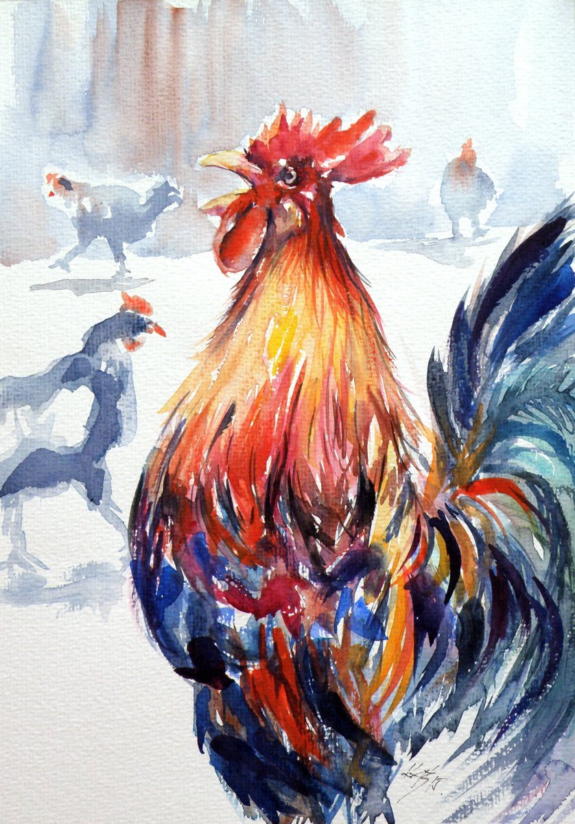Impressionistic Animal Watercolour By Kovacs Anna Brigitta, 10 X 14", Rooster, Original Artwork