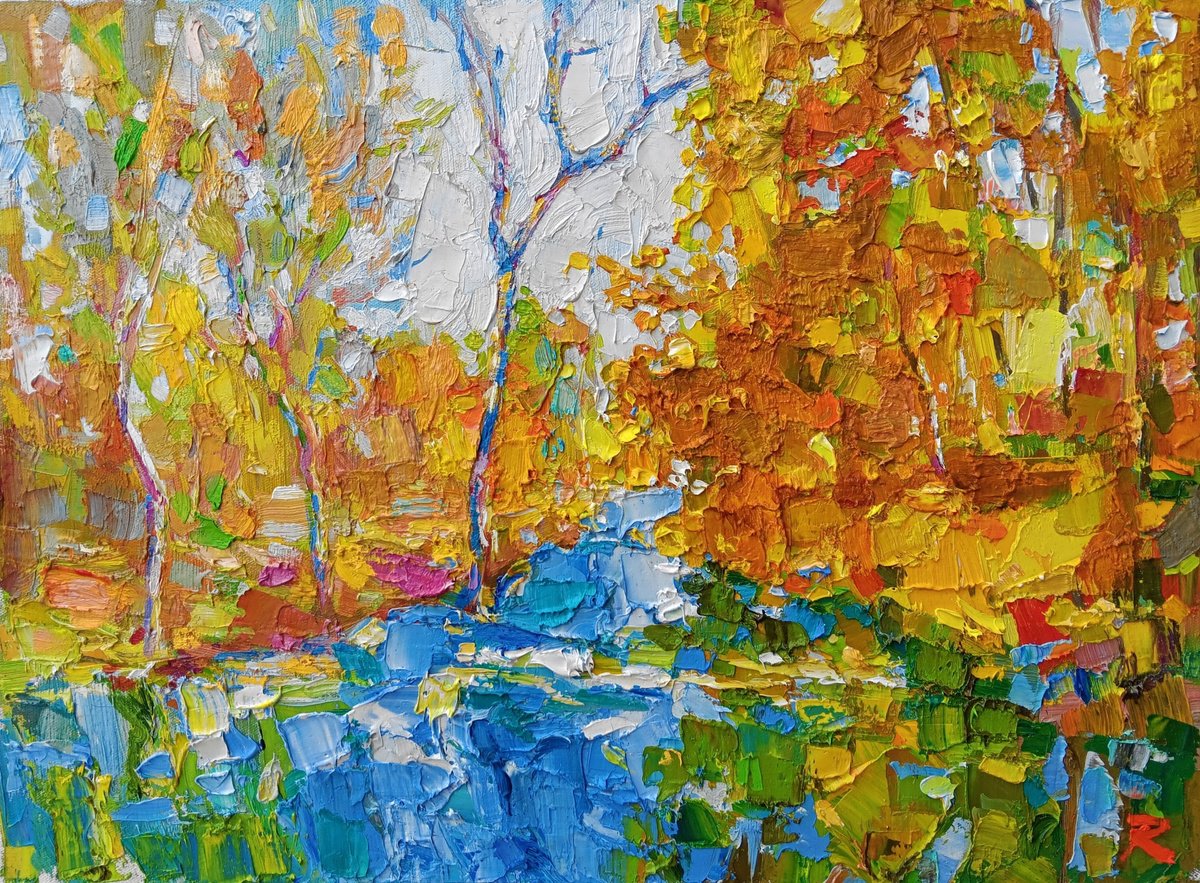 Impressionistic Landscape Oil Painting By Ruslan Khais, 22 X 16", Indian Summer Blues, Original Artwork