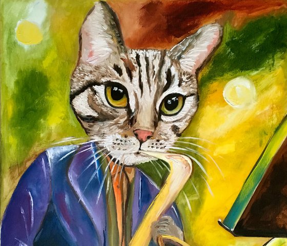 Cat  Saxophonist, musician, feline art for cat lovers.