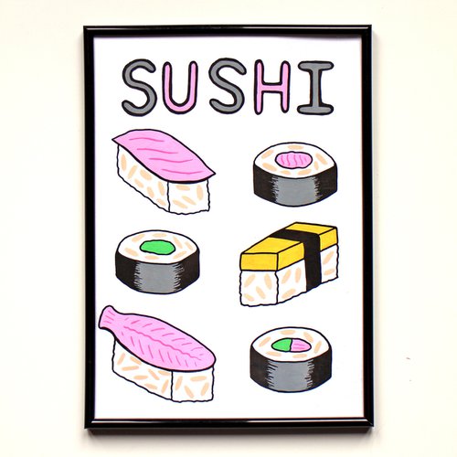 Sushi Illustrated Typographic Poster on Unframed A4 Paper by Ian Viggars
