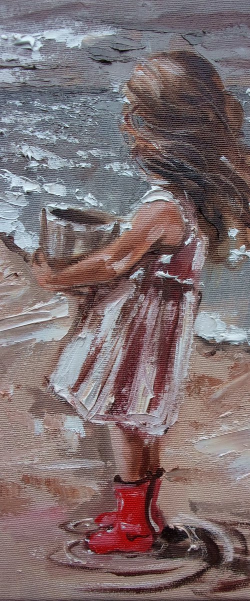 " GIRL WITH A RED RUBBER BOOTS " original painting palette knife GIFT MODERN URBAN ART OFFICE ART DECOR HOME DECOR GIFT IDEA by Monika Luniak