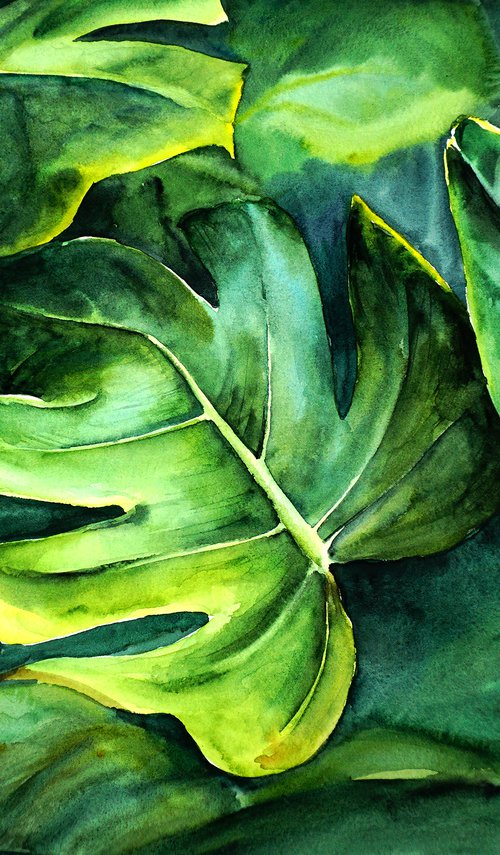 Tropical Palm Leaves - Exotic Watercolor - ORIGINAL Art by Yana Shvets