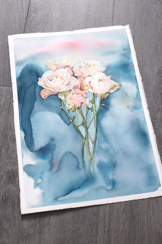 Watercolor roses on blue-green background