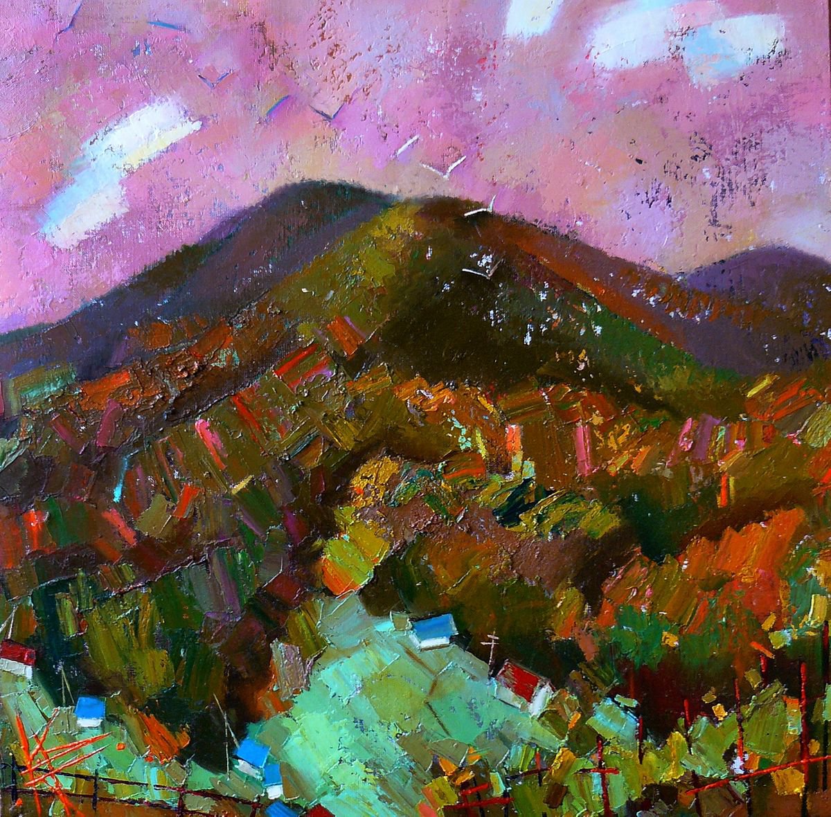 Impressionistic Landscape Oil Painting By Oksana Kornienko, 25 X 25", Green Mountain, Original Artwork